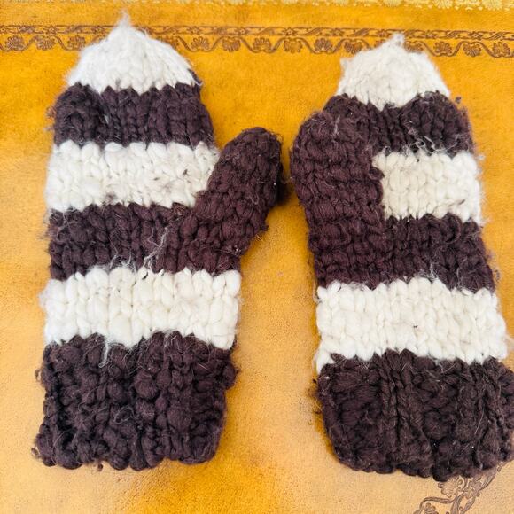 Abercrombie & Fitch A&F Womens Brown & Cream Wool Chunky Warm Mittens - Picture 3 of 5